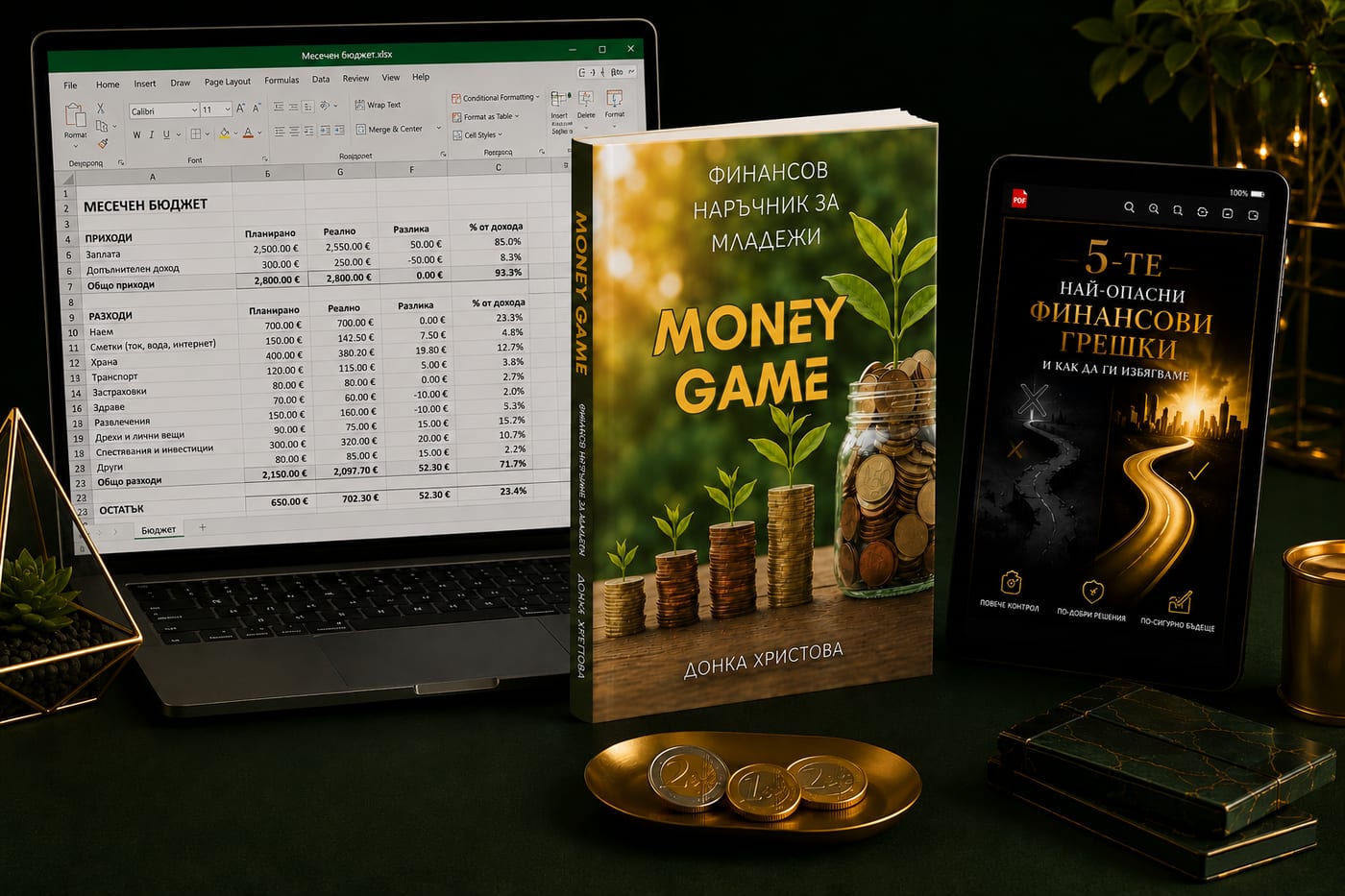 Книгата MONEY GAME с двата бонуса — Excel бюджетен планер и PDF наръчник